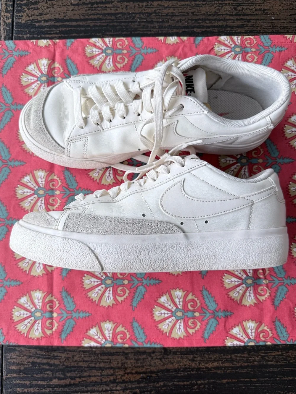 Nike White Blazer Low-Top Platform Sneakers with Beige Suede Toe